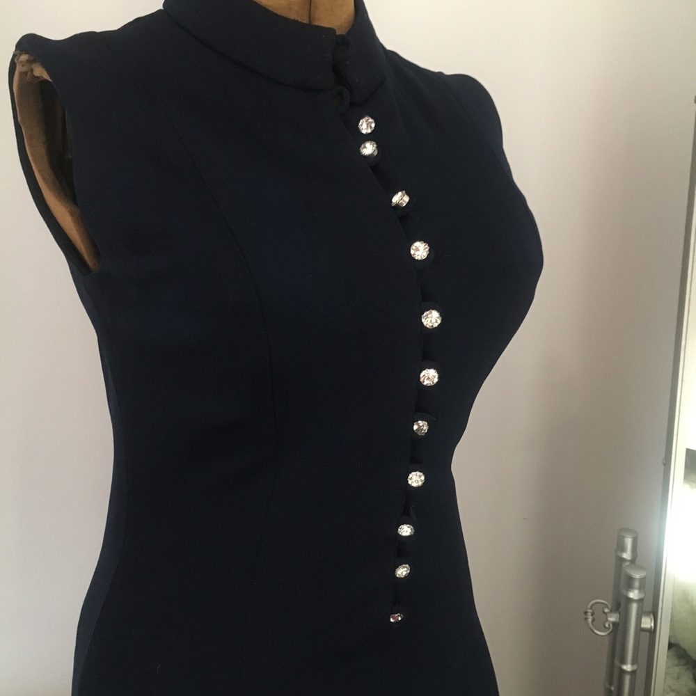 ✨ Vintage Navy A-Line Jeweled Button Front Dress